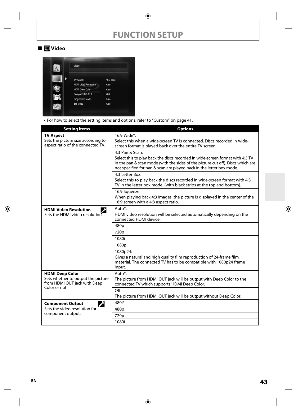 Function setup, Video | Integra E5SF1UD User Manual | Page 43 / 64