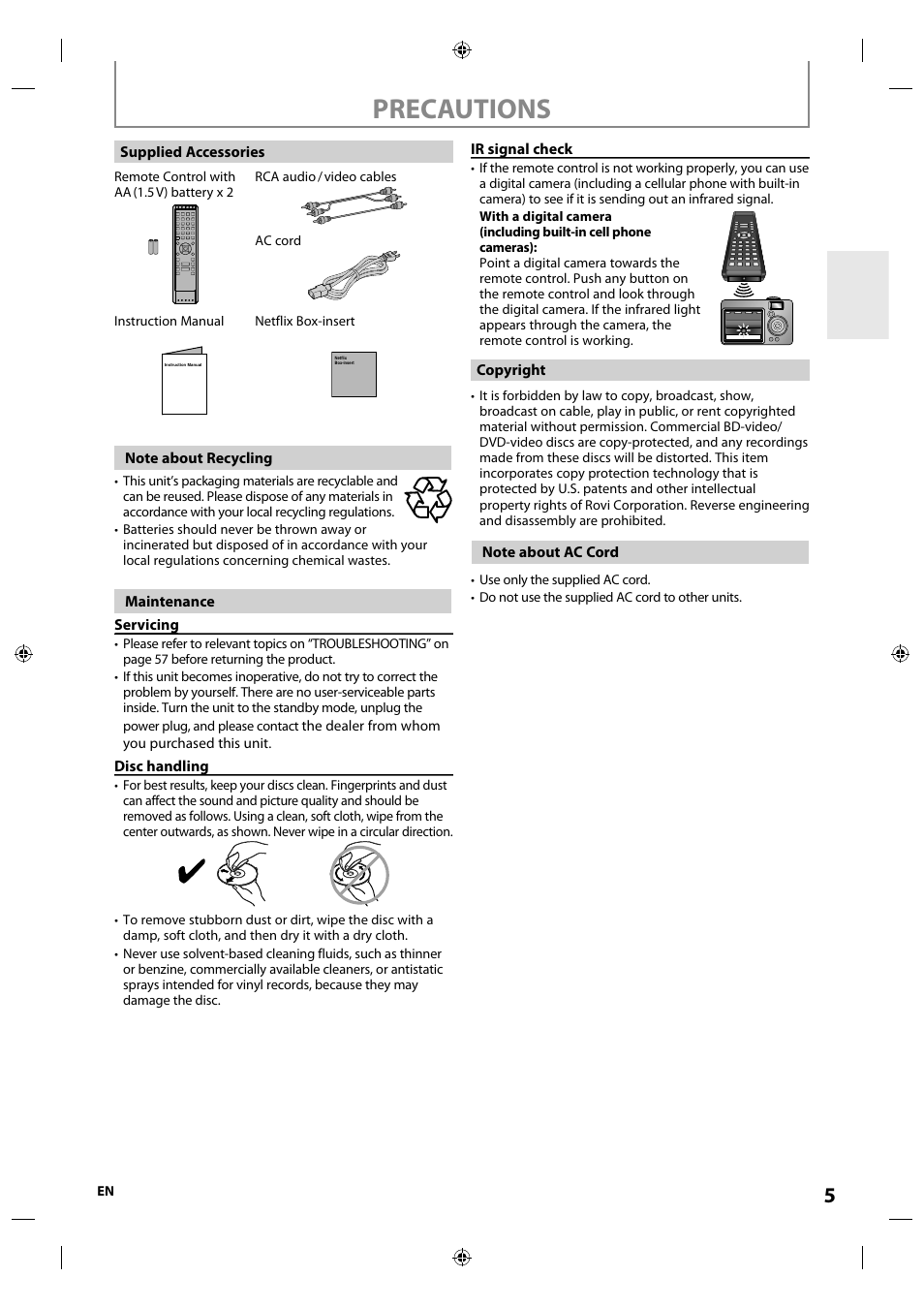 Precautions | Integra E5SF1UD User Manual | Page 5 / 64
