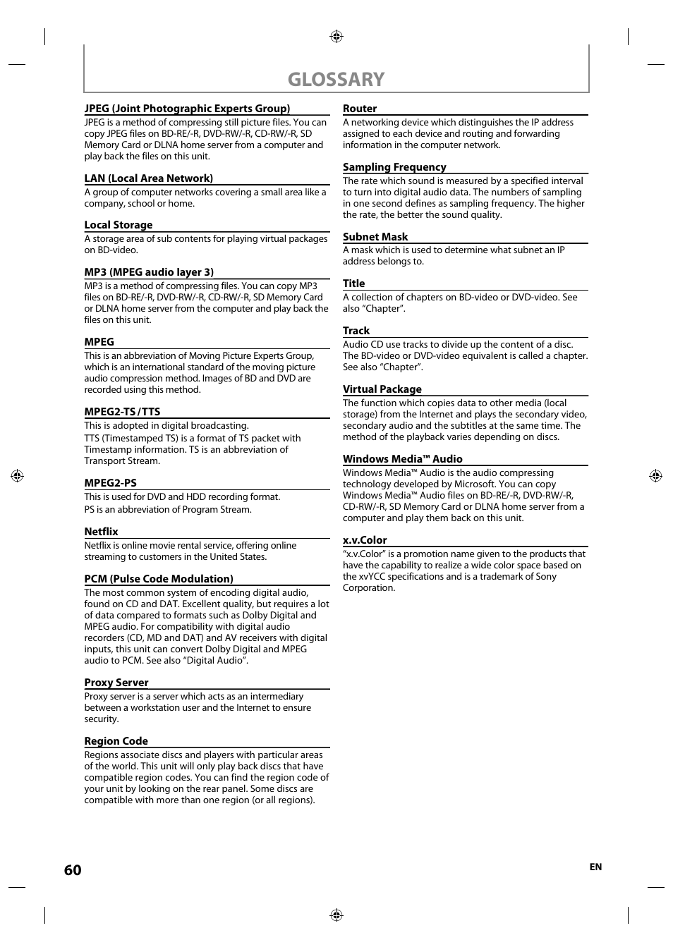 Glossary | Integra E5SF1UD User Manual | Page 60 / 64