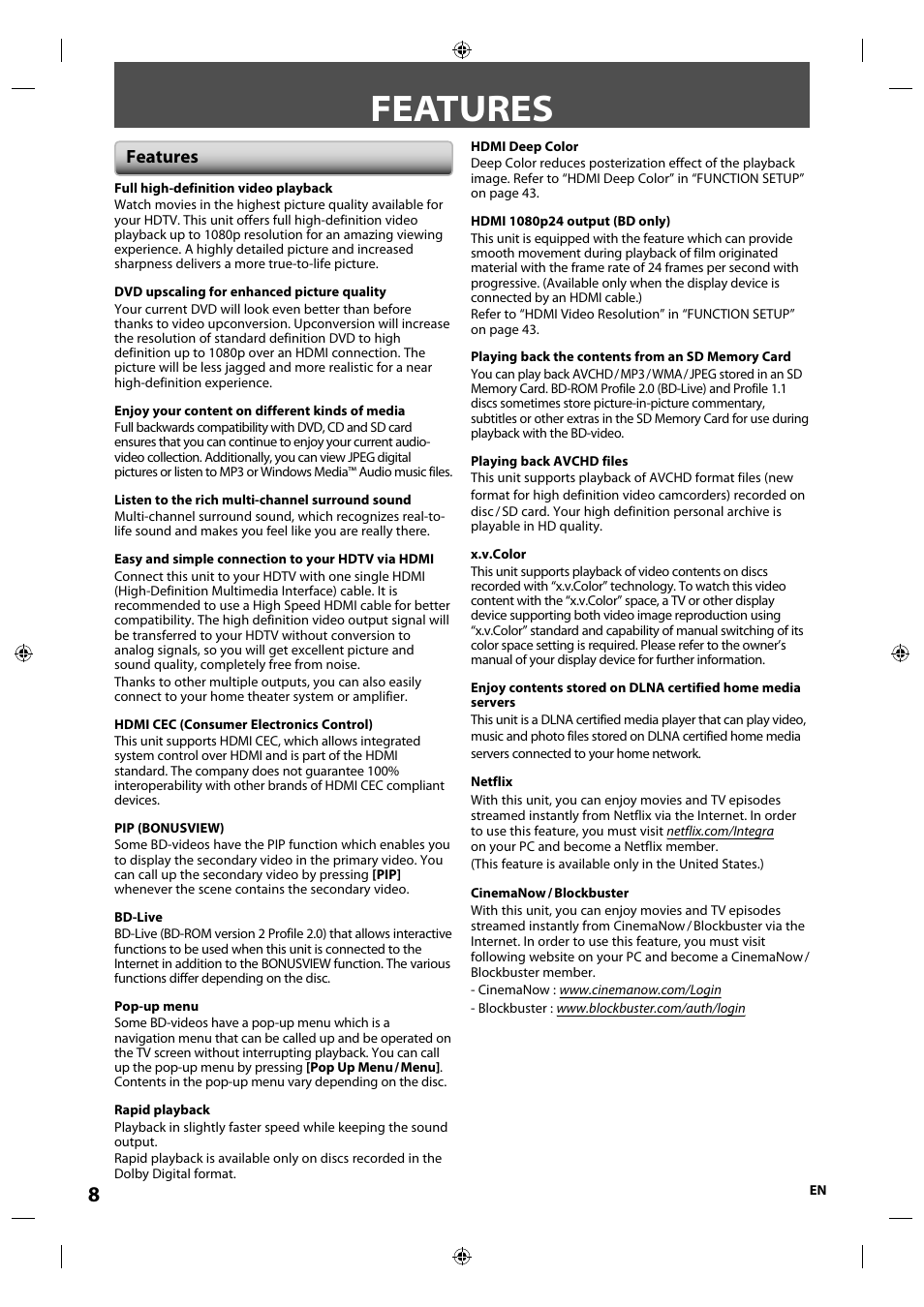 Features | Integra E5SF1UD User Manual | Page 8 / 64