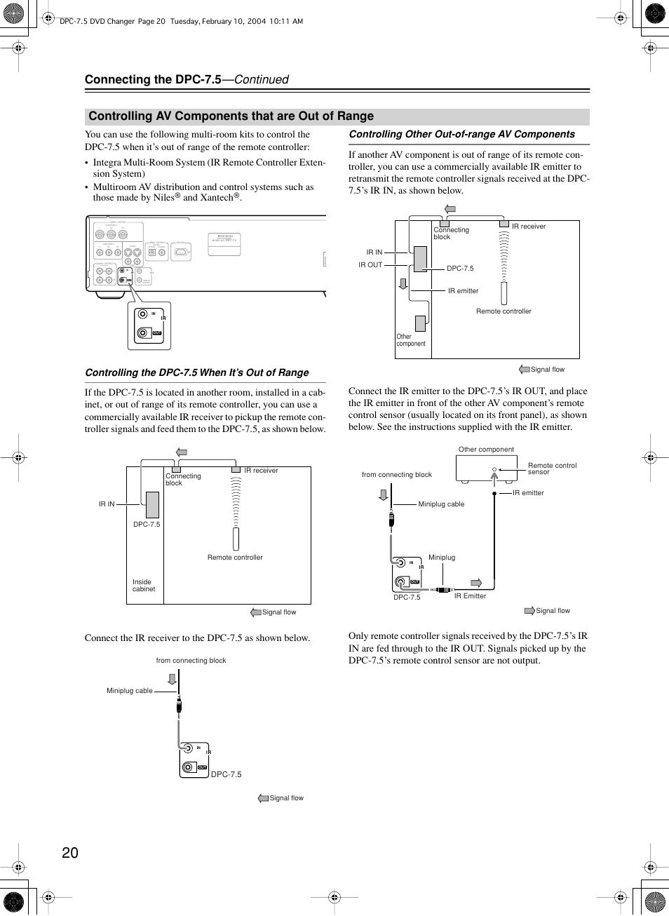Connecting the dpc-7.5 —continued, Controlling av components that are out of range, And xantech | Integra DPC-7.5 User Manual | Page 20 / 48