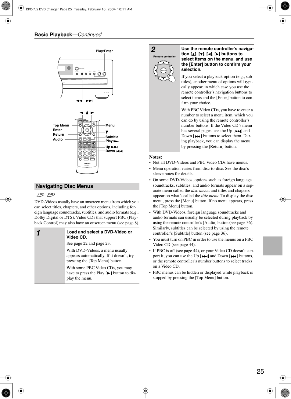 Basic playback —continued, Navigating disc menus | Integra DPC-7.5 User Manual | Page 25 / 48