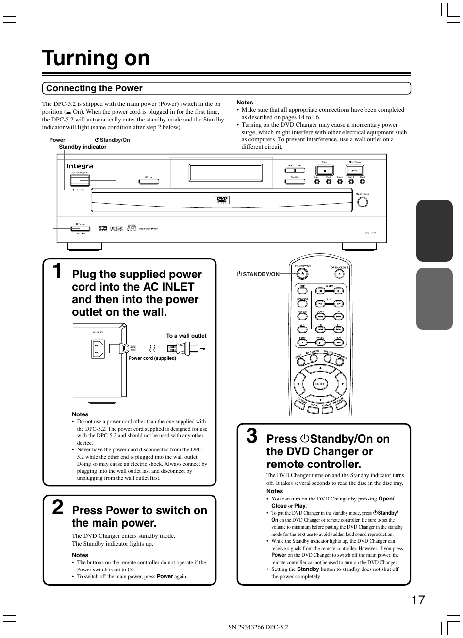 Turning on 2, Press power to switch on the main power | Integra DPC-5.2 User Manual | Page 17 / 40