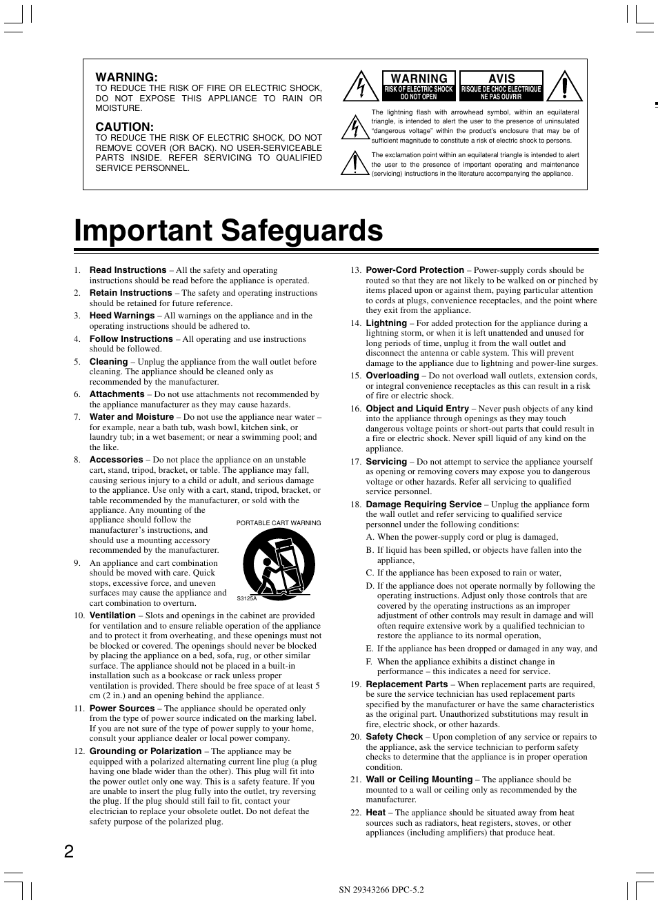 Important safeguards, Warning, Caution | Avis | Integra DPC-5.2 User Manual | Page 2 / 40