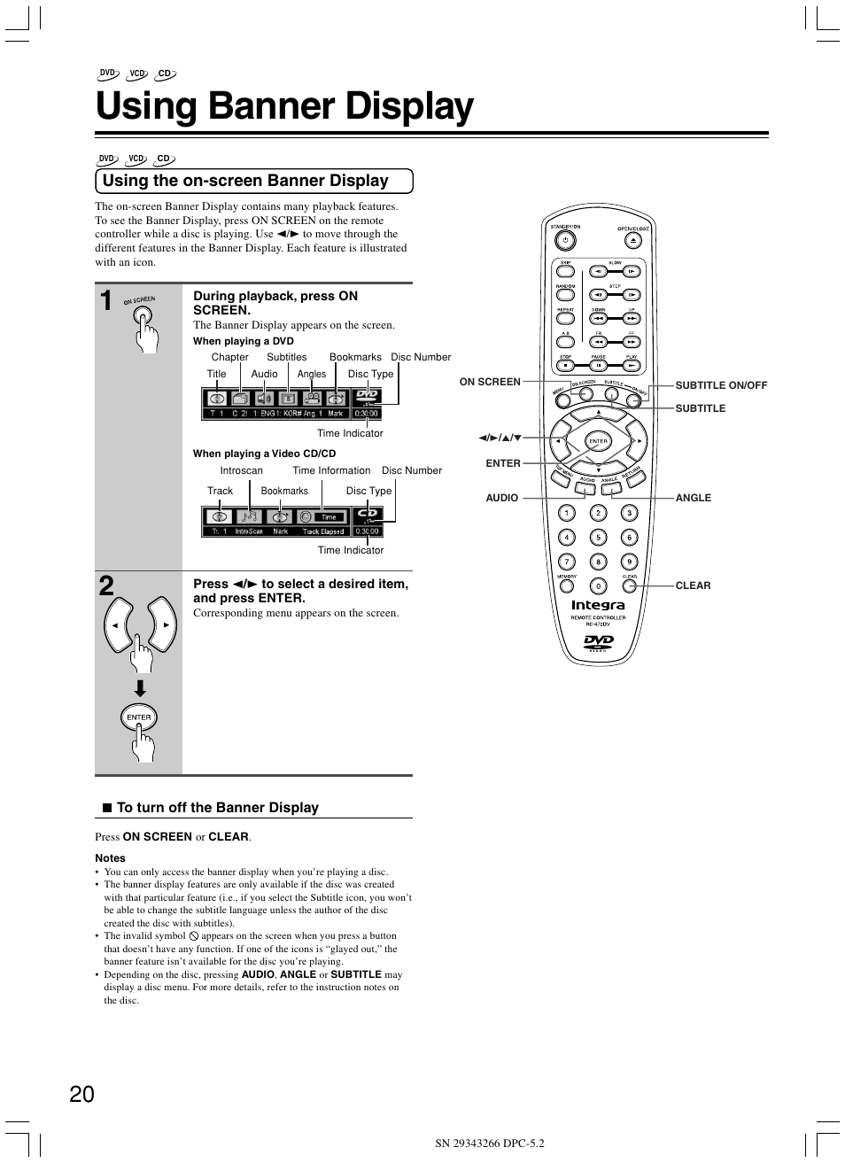 Using banner display, Using the on-screen banner display | Integra DPC-5.2 User Manual | Page 20 / 40