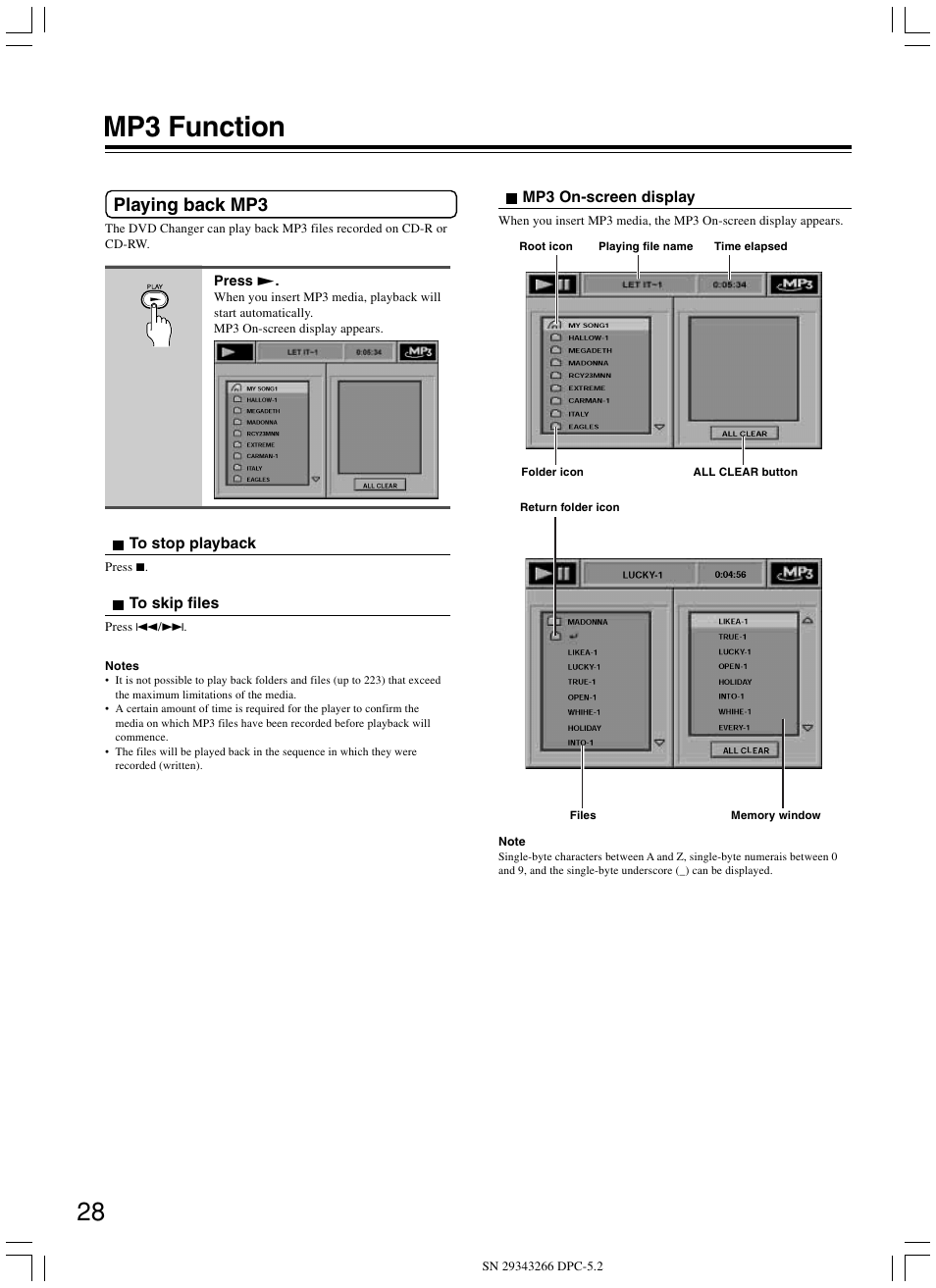 Mp3 function, Playing back mp3 | Integra DPC-5.2 User Manual | Page 28 / 40