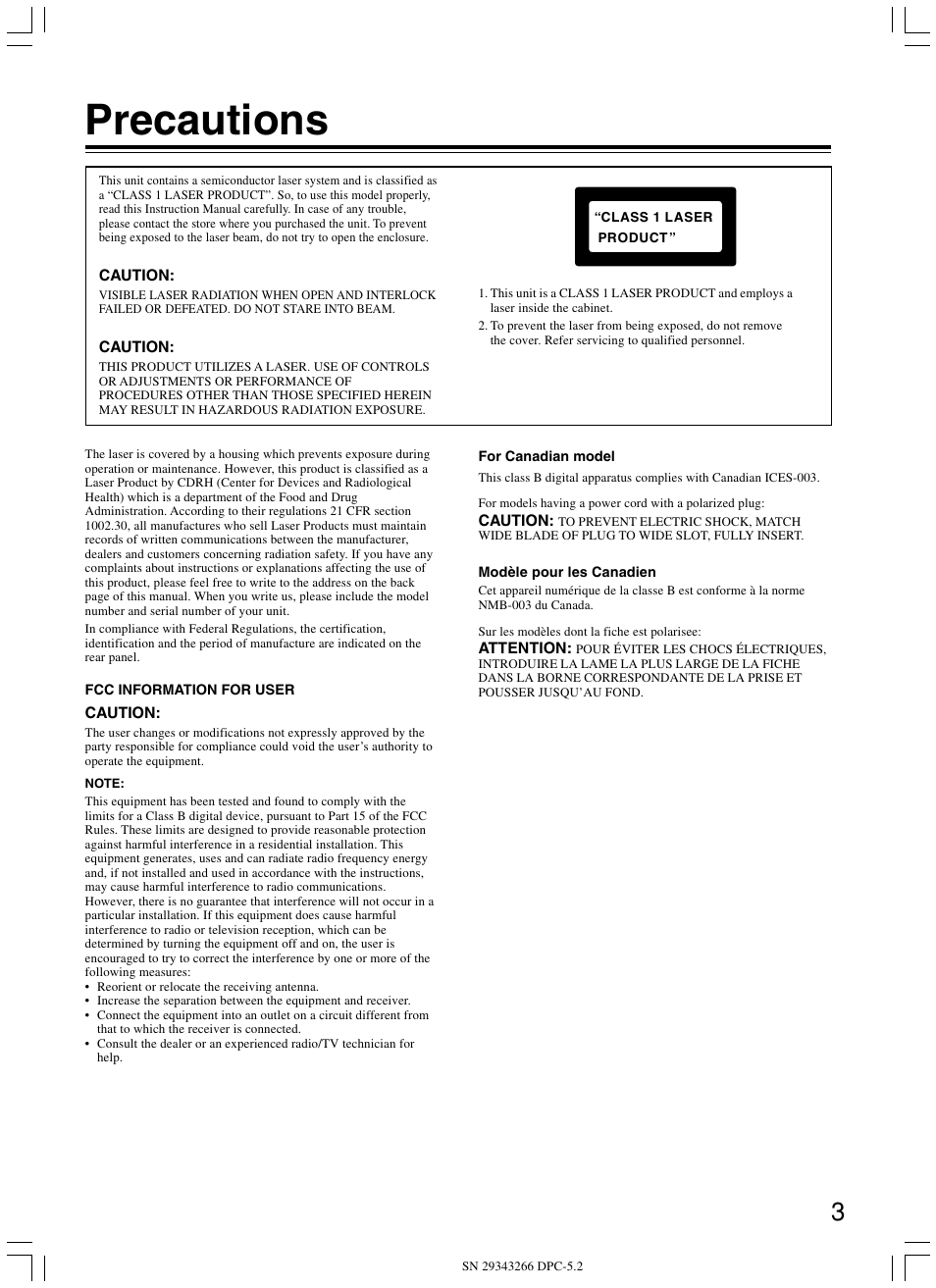Precautions | Integra DPC-5.2 User Manual | Page 3 / 40