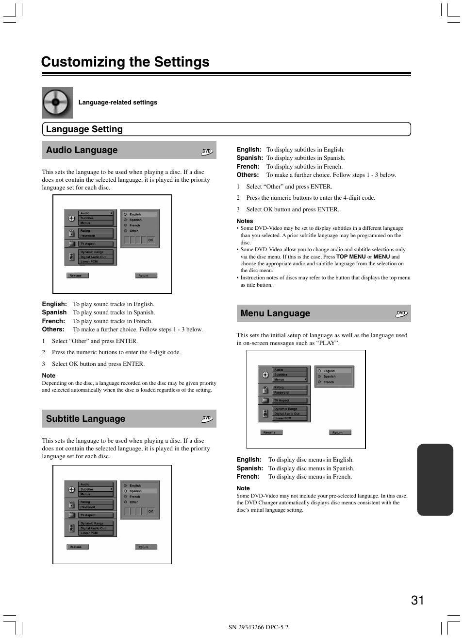 Customizing the settings, Audio language, Subtitle language | Menu language, Language setting | Integra DPC-5.2 User Manual | Page 31 / 40