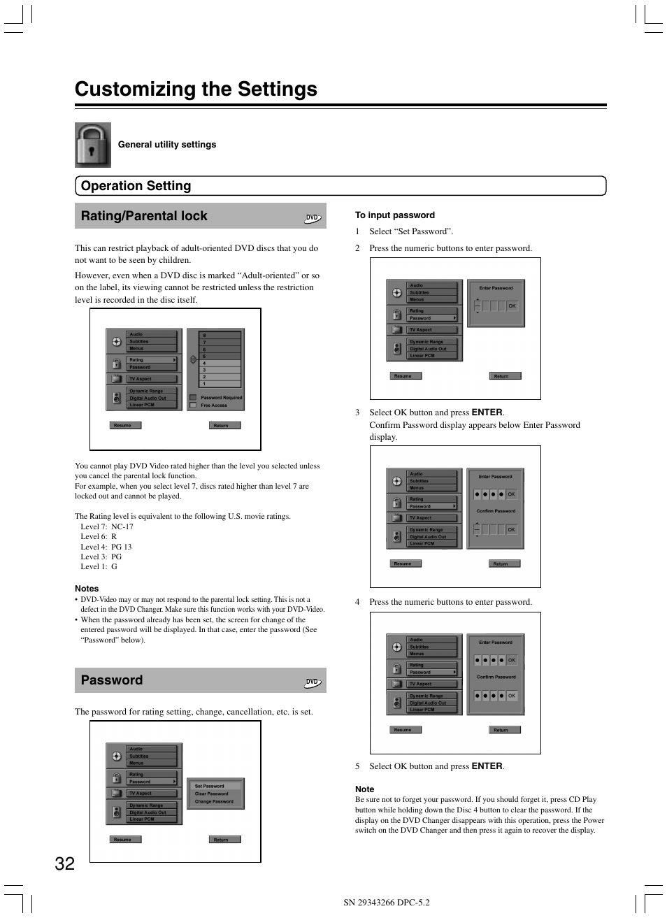 Customizing the settings, Rating/parental lock, Password | Operation setting | Integra DPC-5.2 User Manual | Page 32 / 40