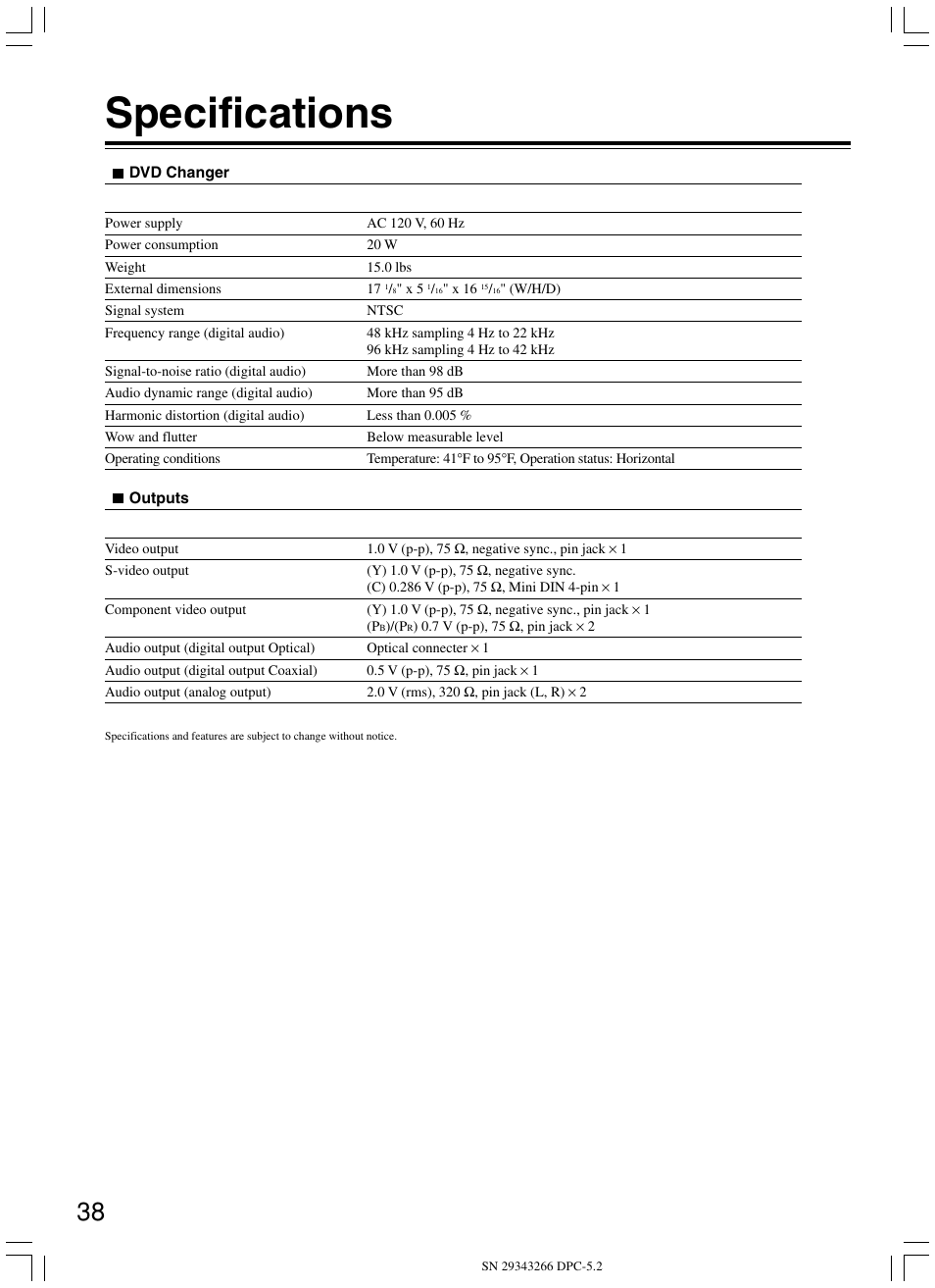 Specifications | Integra DPC-5.2 User Manual | Page 38 / 40