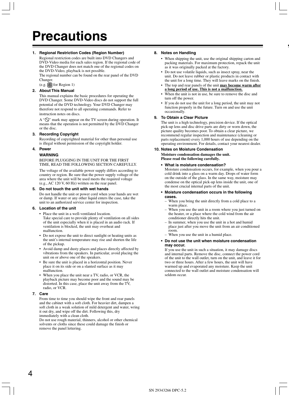 Precautions | Integra DPC-5.2 User Manual | Page 4 / 40