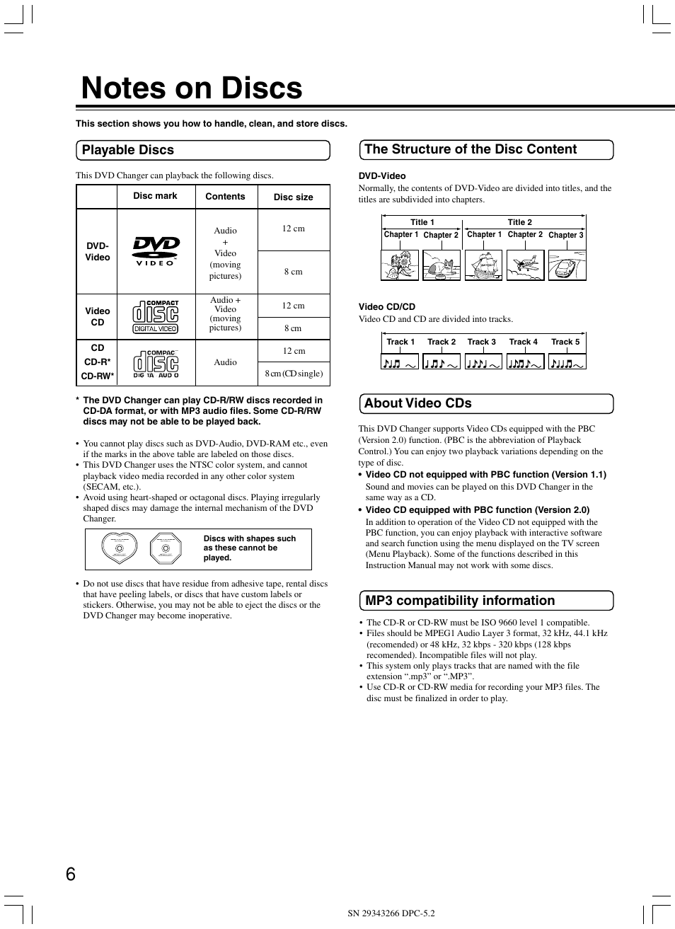 About video cds, The structure of the disc content, Playable discs | Mp3 compatibility information | Integra DPC-5.2 User Manual | Page 6 / 40