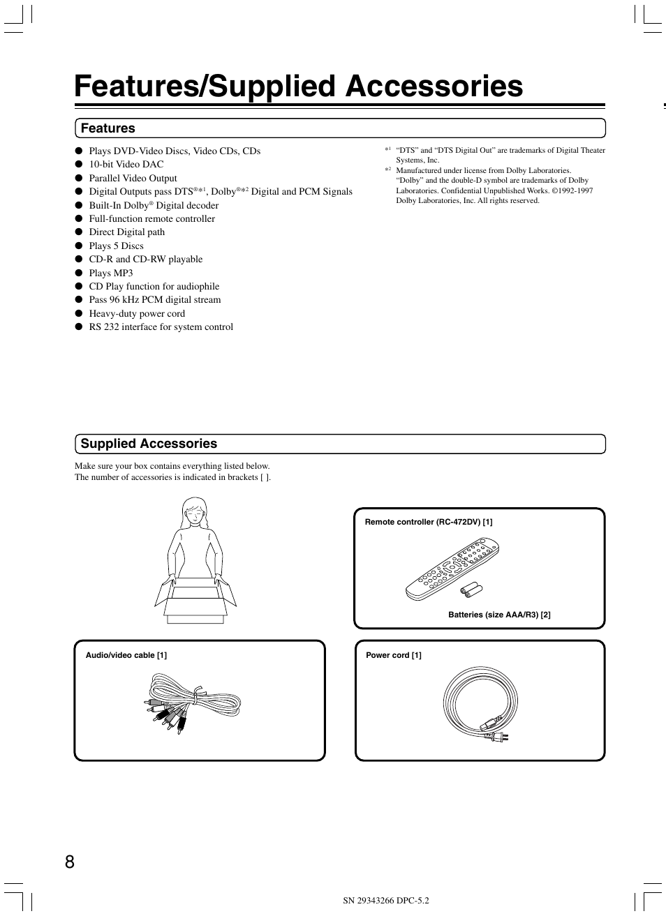 Features/supplied accessories, Supplied accessories, Features | Integra DPC-5.2 User Manual | Page 8 / 40