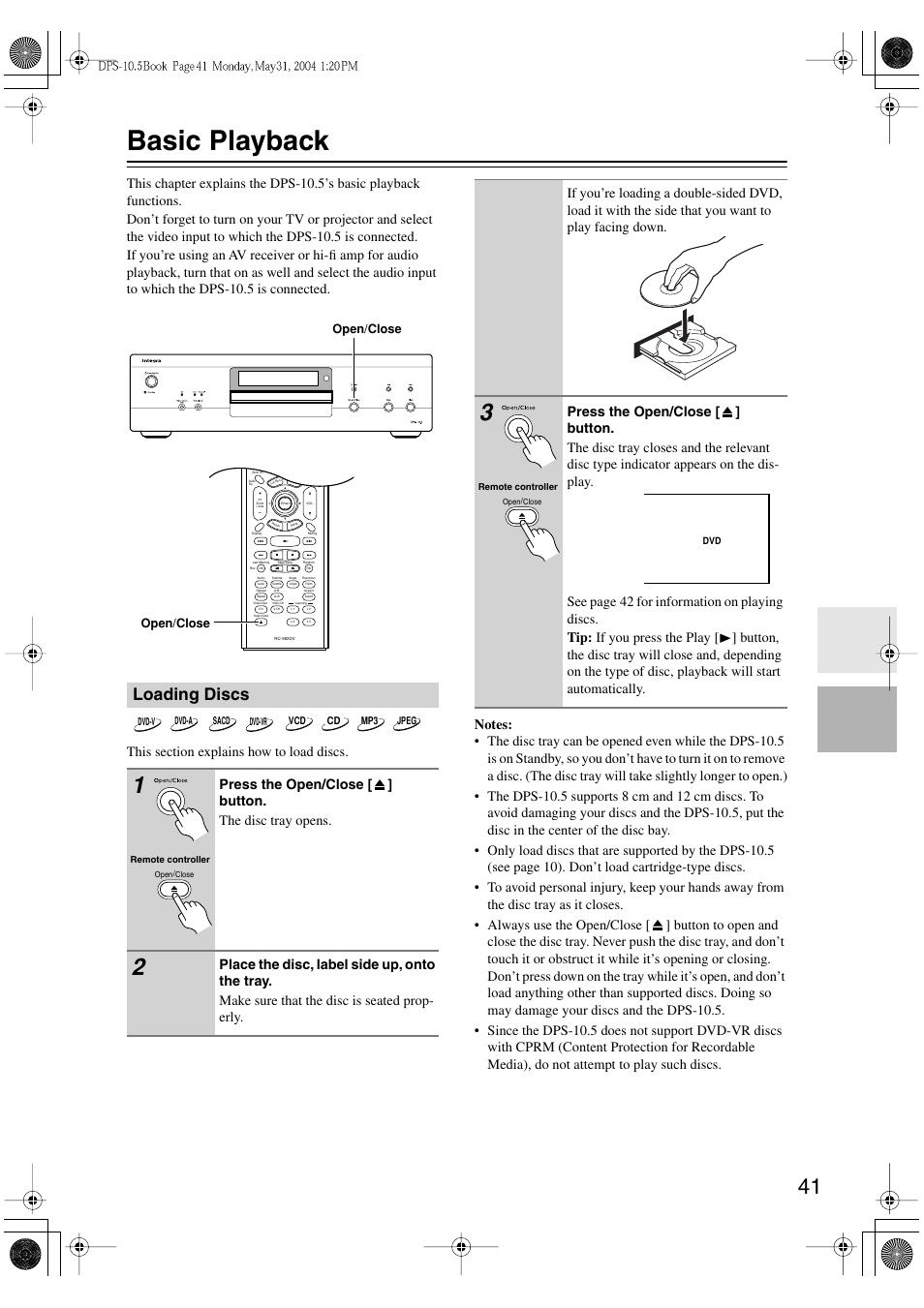 Basic playback, Loading discs, Open/close | Integra DPS-10.5 User Manual | Page 41 / 92