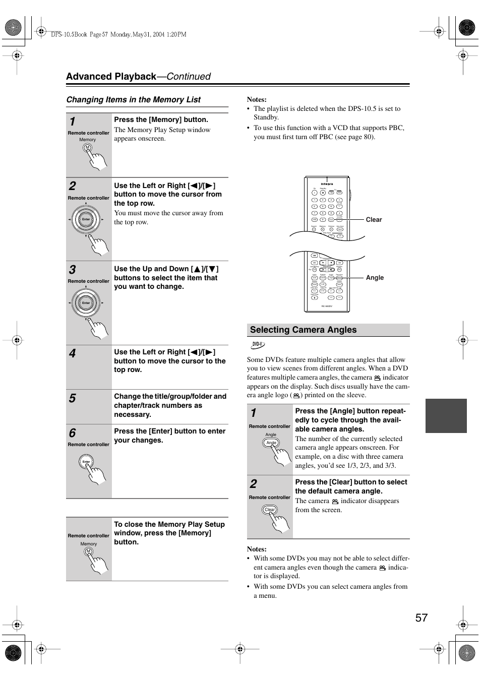 Advanced playback —continued, Selecting camera angles | Integra DPS-10.5 User Manual | Page 57 / 92