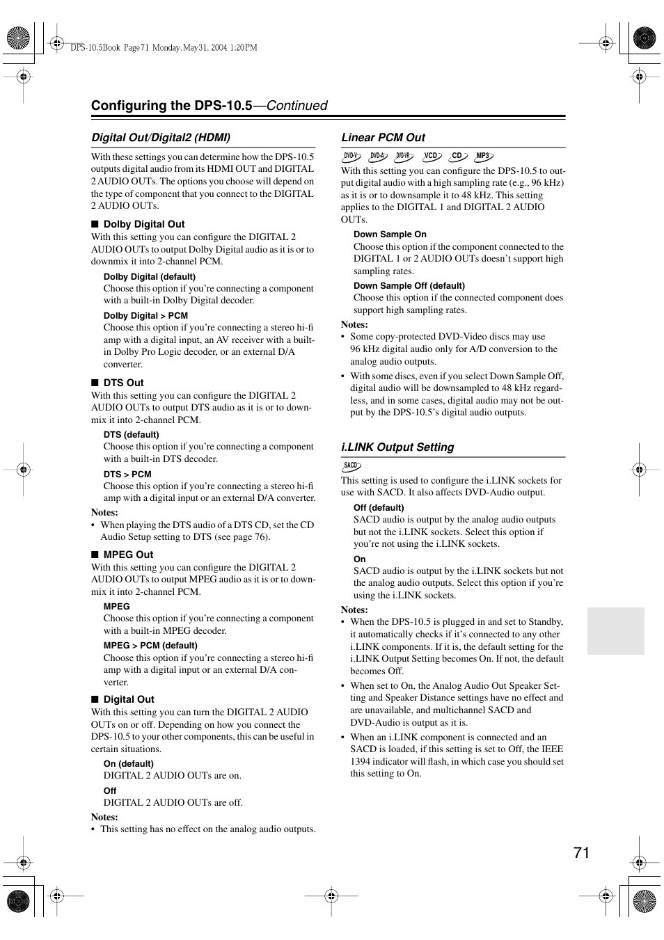 Configuring the dps-10.5 —continued | Integra DPS-10.5 User Manual | Page 71 / 92