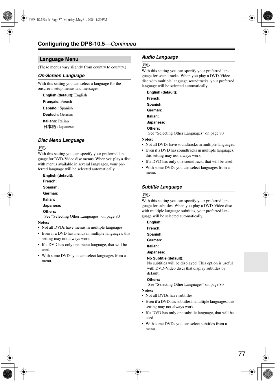 Configuring the dps-10.5 —continued | Integra DPS-10.5 User Manual | Page 77 / 92