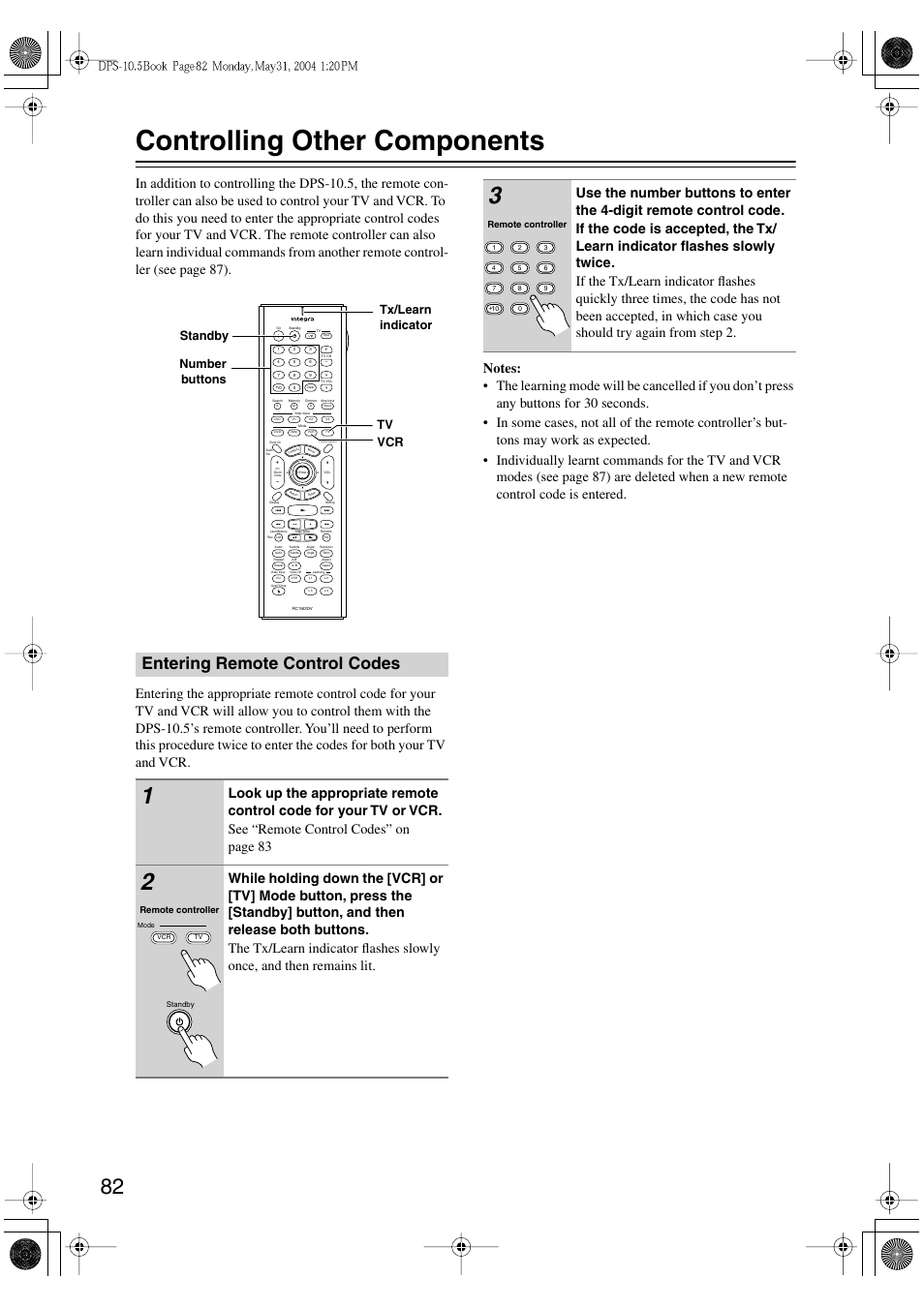 Controlling other components, Entering remote control codes, Standby tv vcr number buttons tx/learn indicator | Integra DPS-10.5 User Manual | Page 82 / 92