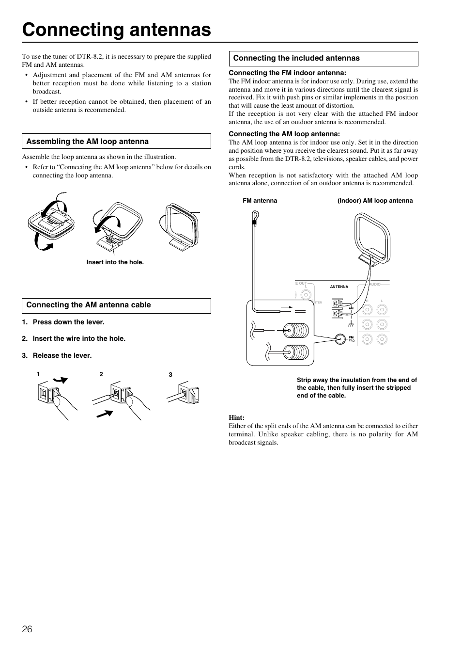 Connecting antennas, Connecting the am antenna cable, Connecting the included antennas | Assembling the am loop antenna | Integra DTR-8.2 User Manual | Page 26 / 88