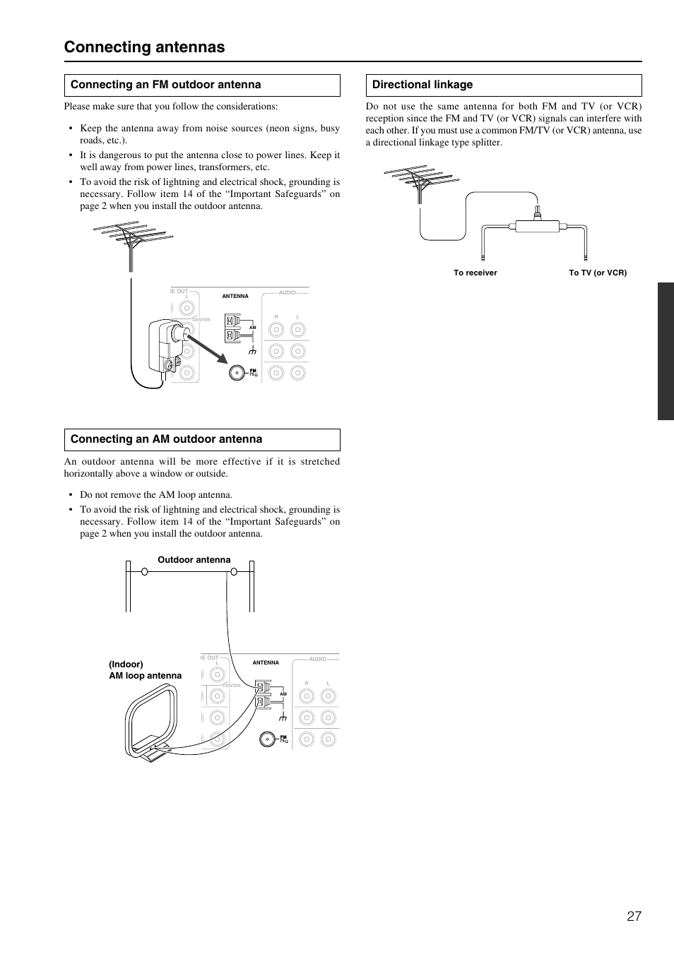 Connecting antennas, Connecting an am outdoor antenna, Directional linkage | Connecting an fm outdoor antenna | Integra DTR-8.2 User Manual | Page 27 / 88