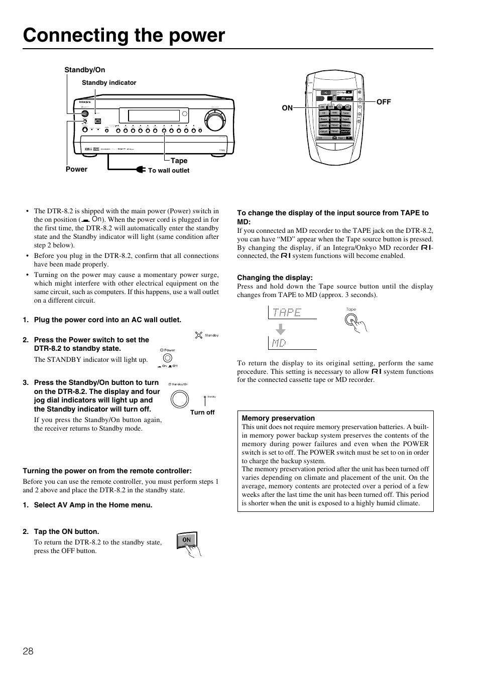 Connecting the power, On o f f, Push to open on power tape standby/on off | Integra DTR-8.2 User Manual | Page 28 / 88