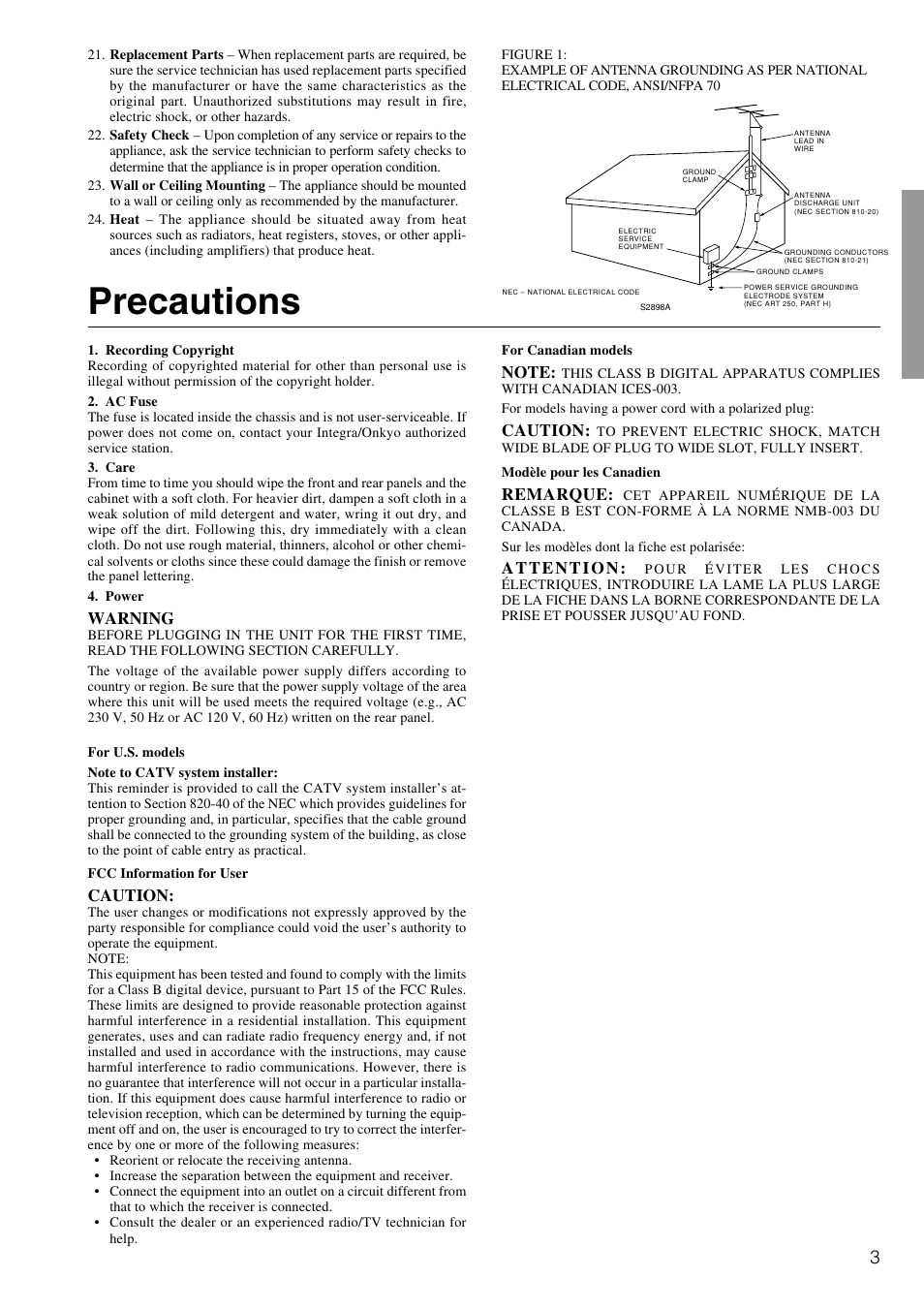 Precautions | Integra DTR-8.2 User Manual | Page 3 / 88