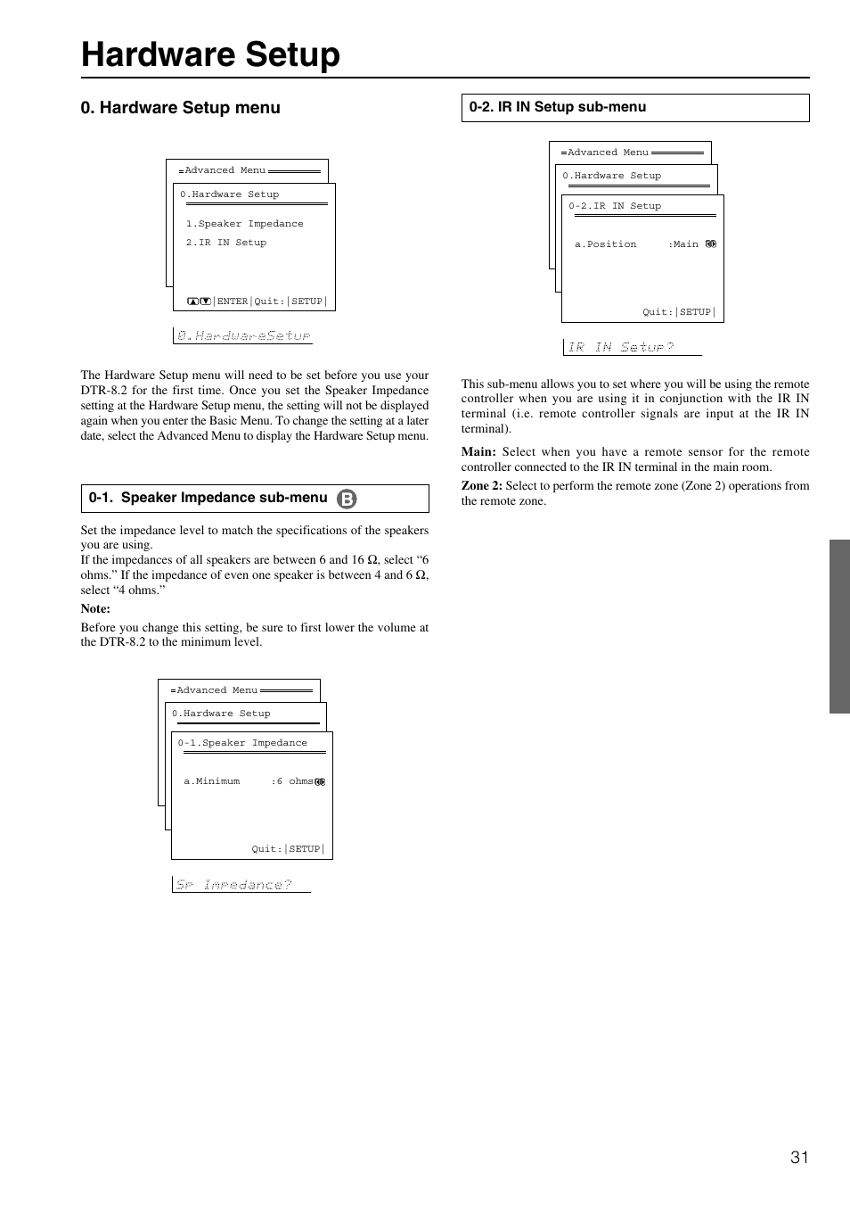 Hardware setup, Hardware setup menu | Integra DTR-8.2 User Manual | Page 31 / 88