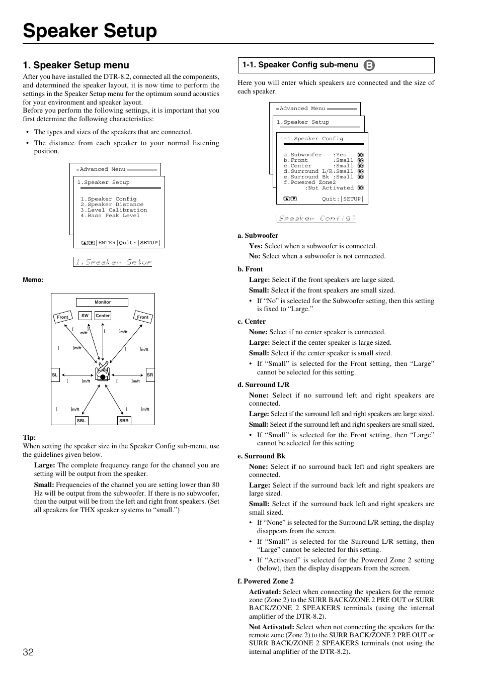 Speaker setup, Speaker setup menu, 1. speaker config sub-menu | Integra DTR-8.2 User Manual | Page 32 / 88