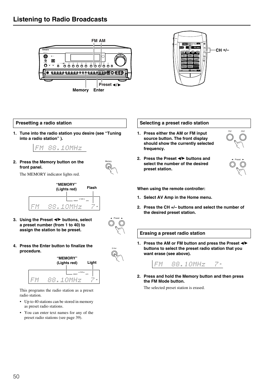 Listening to radio broadcasts, Erasing a preset radio station, Presetting a radio station | Selecting a preset radio station, On o f f | Integra DTR-8.2 User Manual | Page 50 / 88