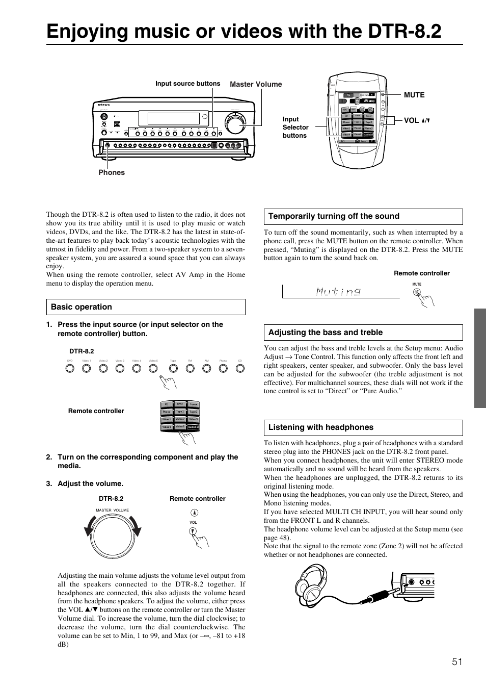 Enjoying music or videos with the dtr-8.2, Listening with headphones, Adjusting the bass and treble | Temporarily turning off the sound, Basic operation, On o f f, Phones master volume vol mute | Integra DTR-8.2 User Manual | Page 51 / 88