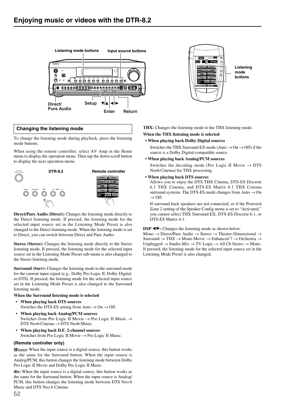 Enjoying music or videos with the dtr-8.2, Changing the listening mode | Integra DTR-8.2 User Manual | Page 52 / 88