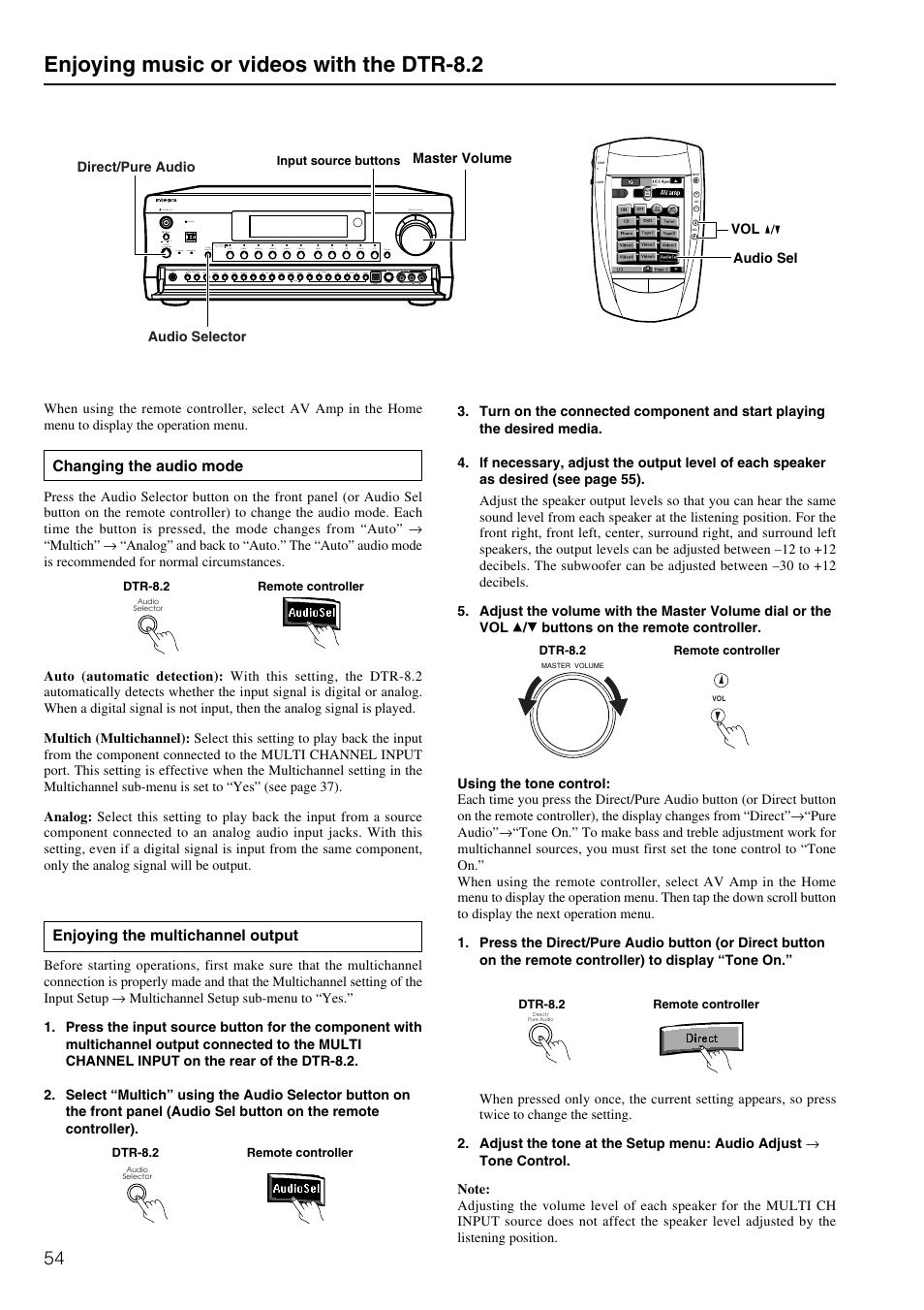 Enjoying music or videos with the dtr-8.2, Changing the audio mode, Enjoying the multichannel output | Integra DTR-8.2 User Manual | Page 54 / 88
