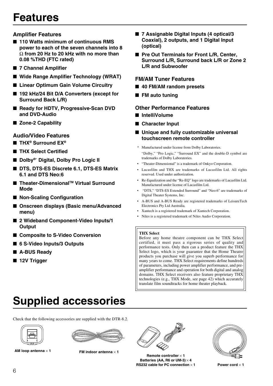 Features supplied accessories | Integra DTR-8.2 User Manual | Page 6 / 88