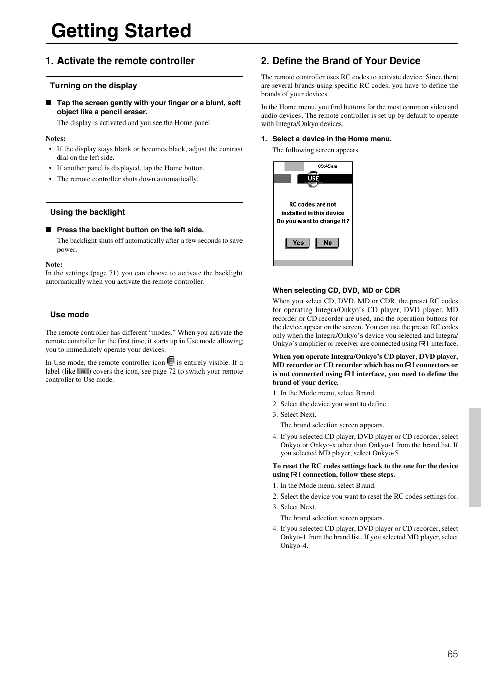 Getting started, 65 1. activate the remote controller, Define the brand of your device | Integra DTR-8.2 User Manual | Page 65 / 88