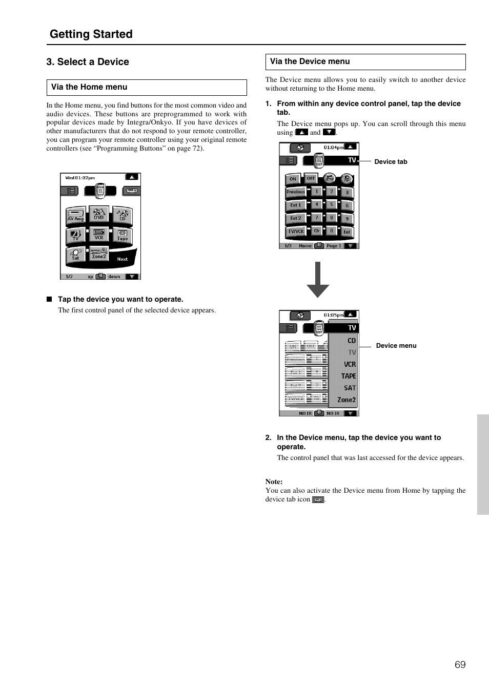 Getting started, 69 3. select a device | Integra DTR-8.2 User Manual | Page 69 / 88