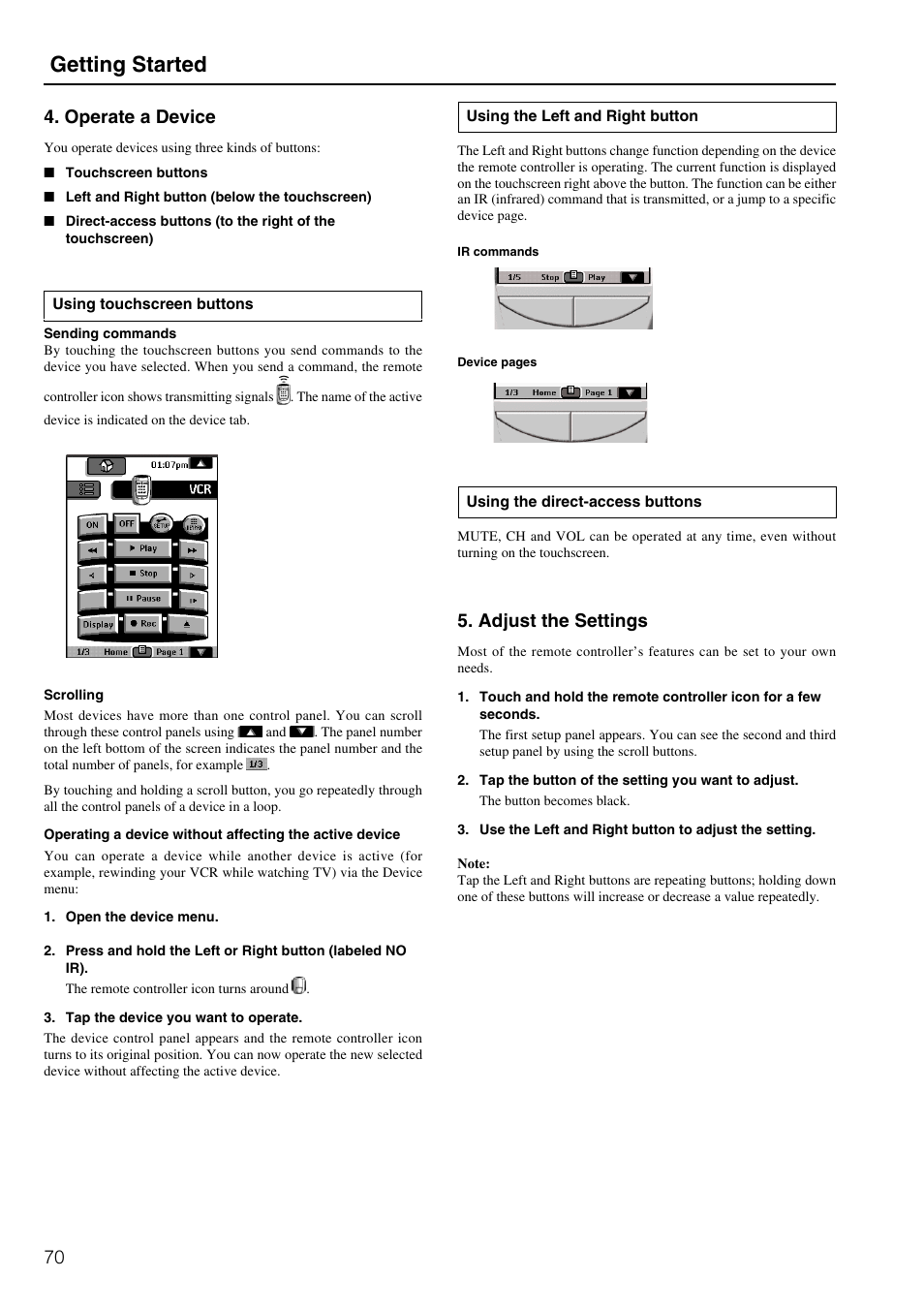 Getting started, 70 5. adjust the settings, Operate a device | Integra DTR-8.2 User Manual | Page 70 / 88