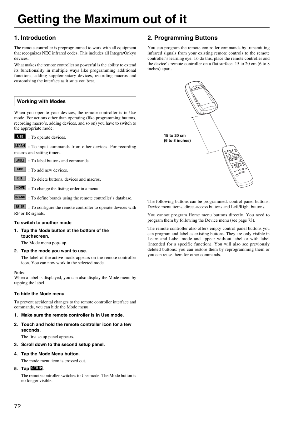 Getting the maximum out of it, 72 1. introduction, Programming buttons | Integra DTR-8.2 User Manual | Page 72 / 88