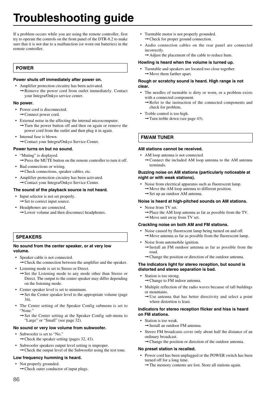 Troubleshooting guide | Integra DTR-8.2 User Manual | Page 86 / 88