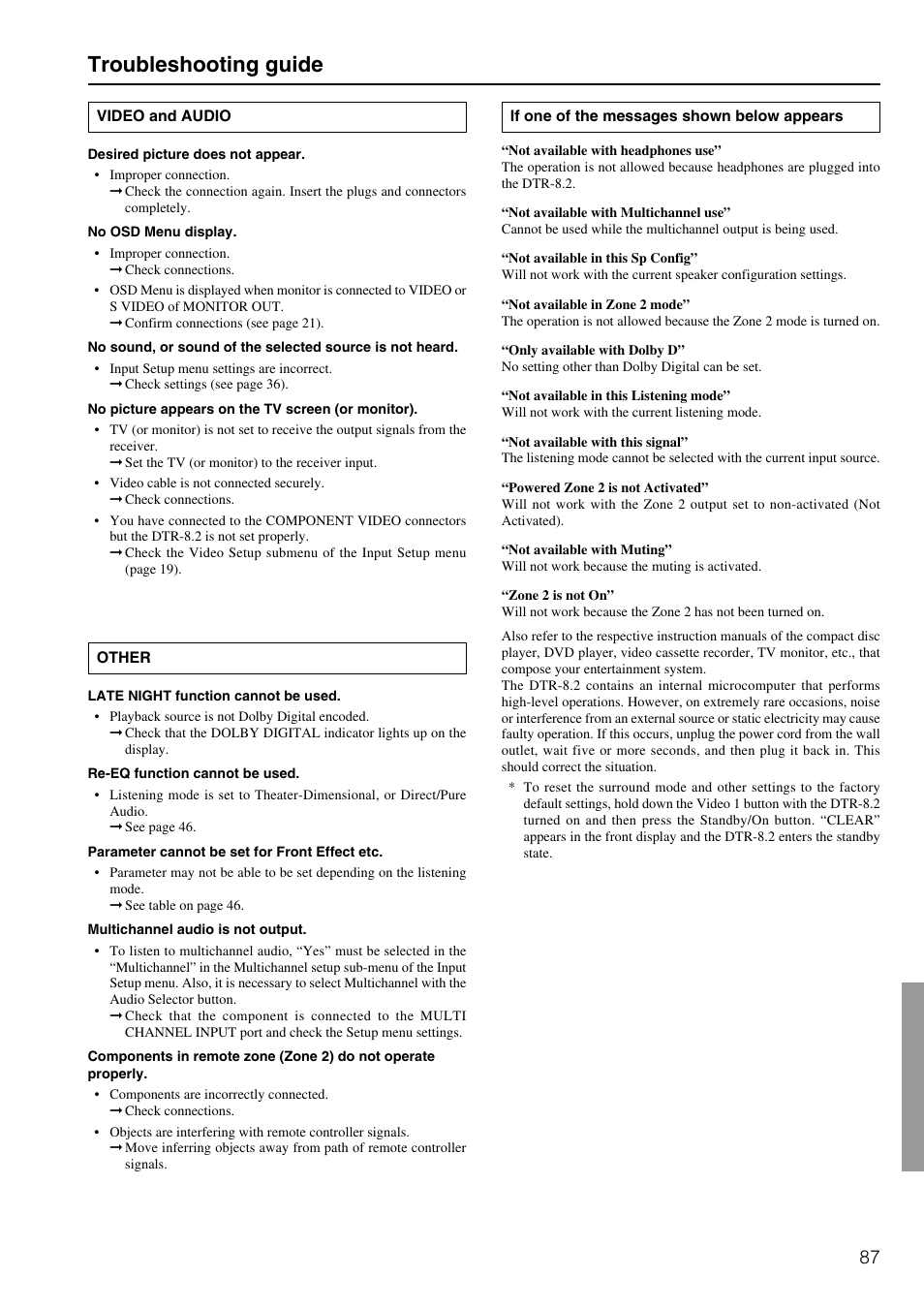 Troubleshooting guide | Integra DTR-8.2 User Manual | Page 87 / 88