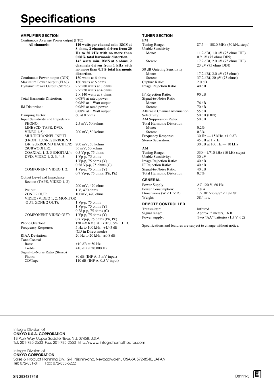 Specifications | Integra DTR-8.2 User Manual | Page 88 / 88