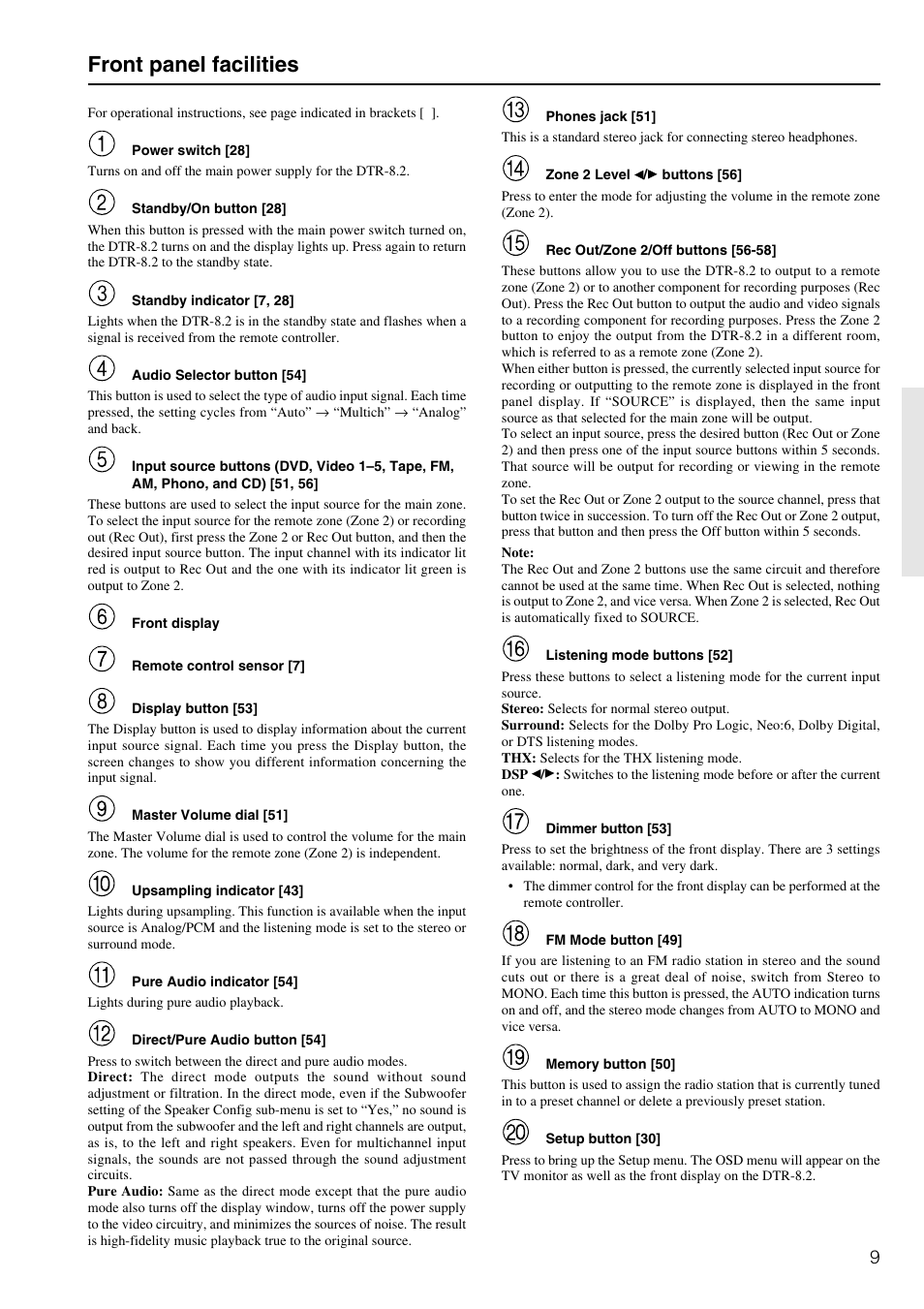 Front panel facilities | Integra DTR-8.2 User Manual | Page 9 / 88