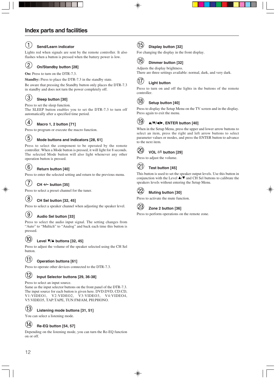 Index parts and facilities | Integra DTR-7.3 User Manual | Page 12 / 84