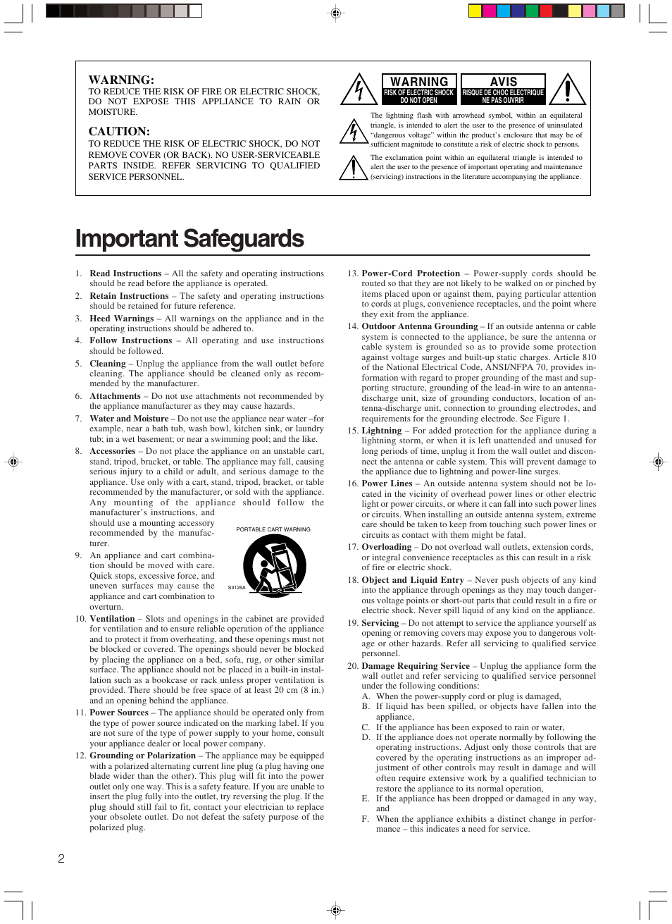 Important safeguards, Warning, Caution | Avis | Integra DTR-7.3 User Manual | Page 2 / 84