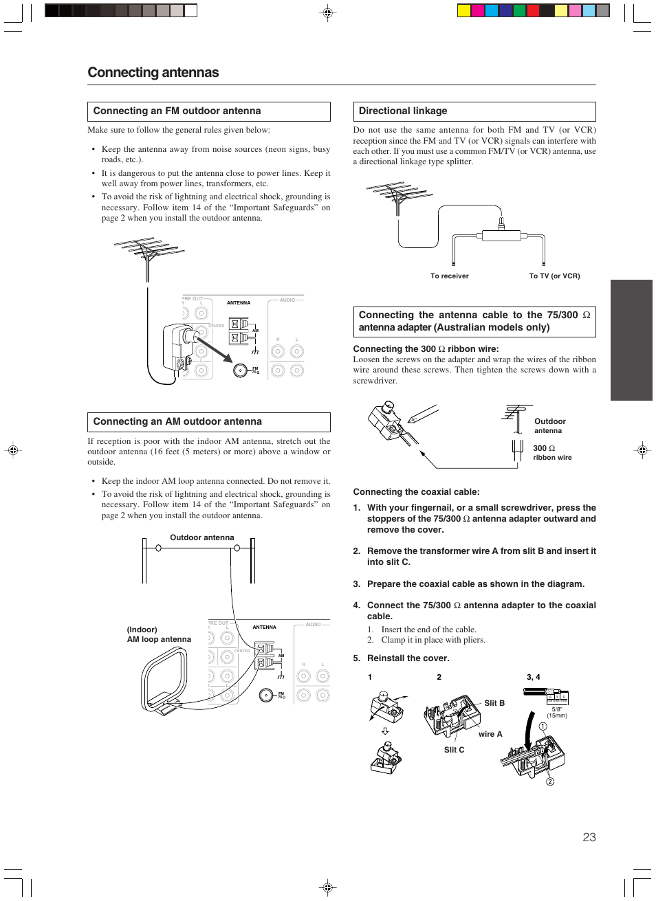 Connecting antennas, Directional linkage, Connecting an fm outdoor antenna | Connecting an am outdoor antenna | Integra DTR-7.3 User Manual | Page 23 / 84