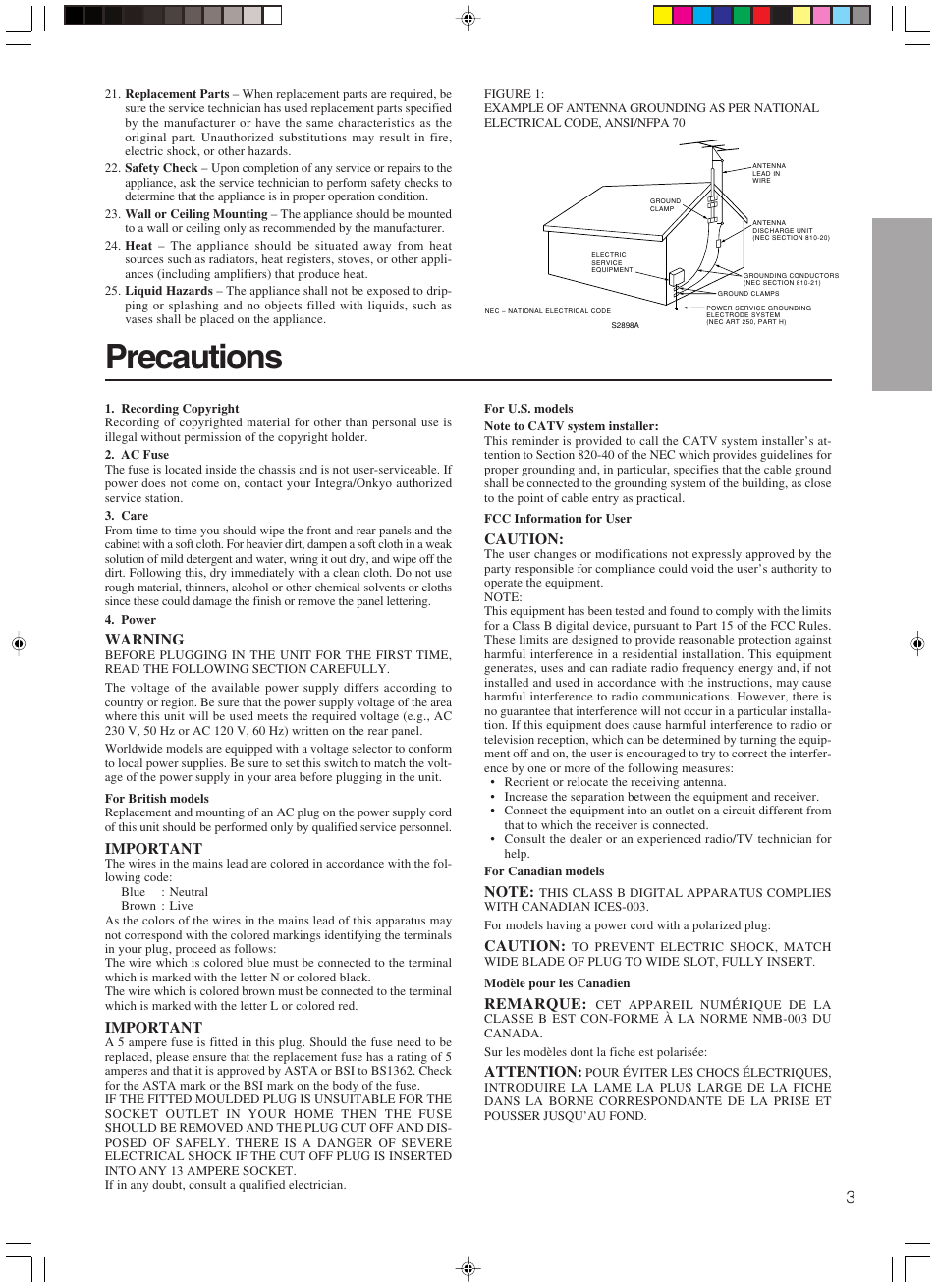 Precautions | Integra DTR-7.3 User Manual | Page 3 / 84