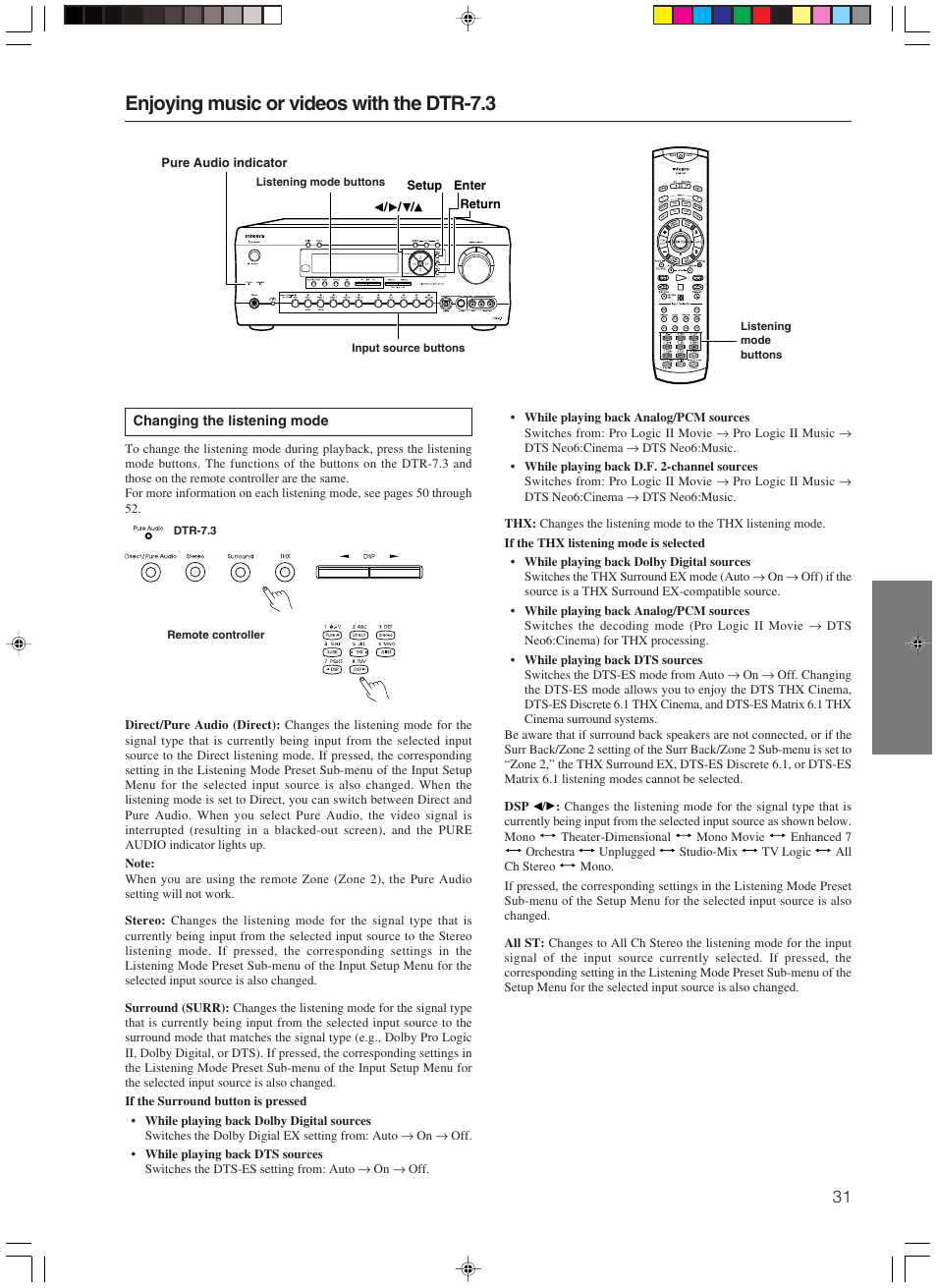 Enjoying music or videos with the dtr-7.3 | Integra DTR-7.3 User Manual | Page 31 / 84