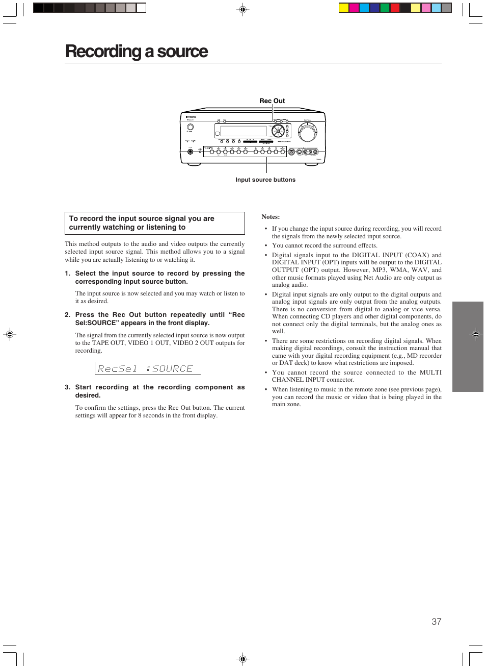 Recording a source | Integra DTR-7.3 User Manual | Page 37 / 84