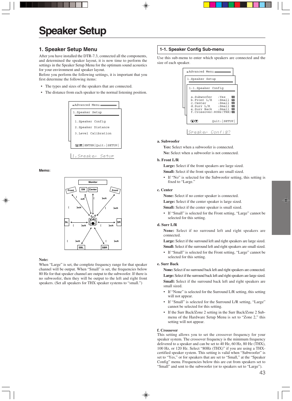 Speaker setup, 43 1. speaker setup menu | Integra DTR-7.3 User Manual | Page 43 / 84