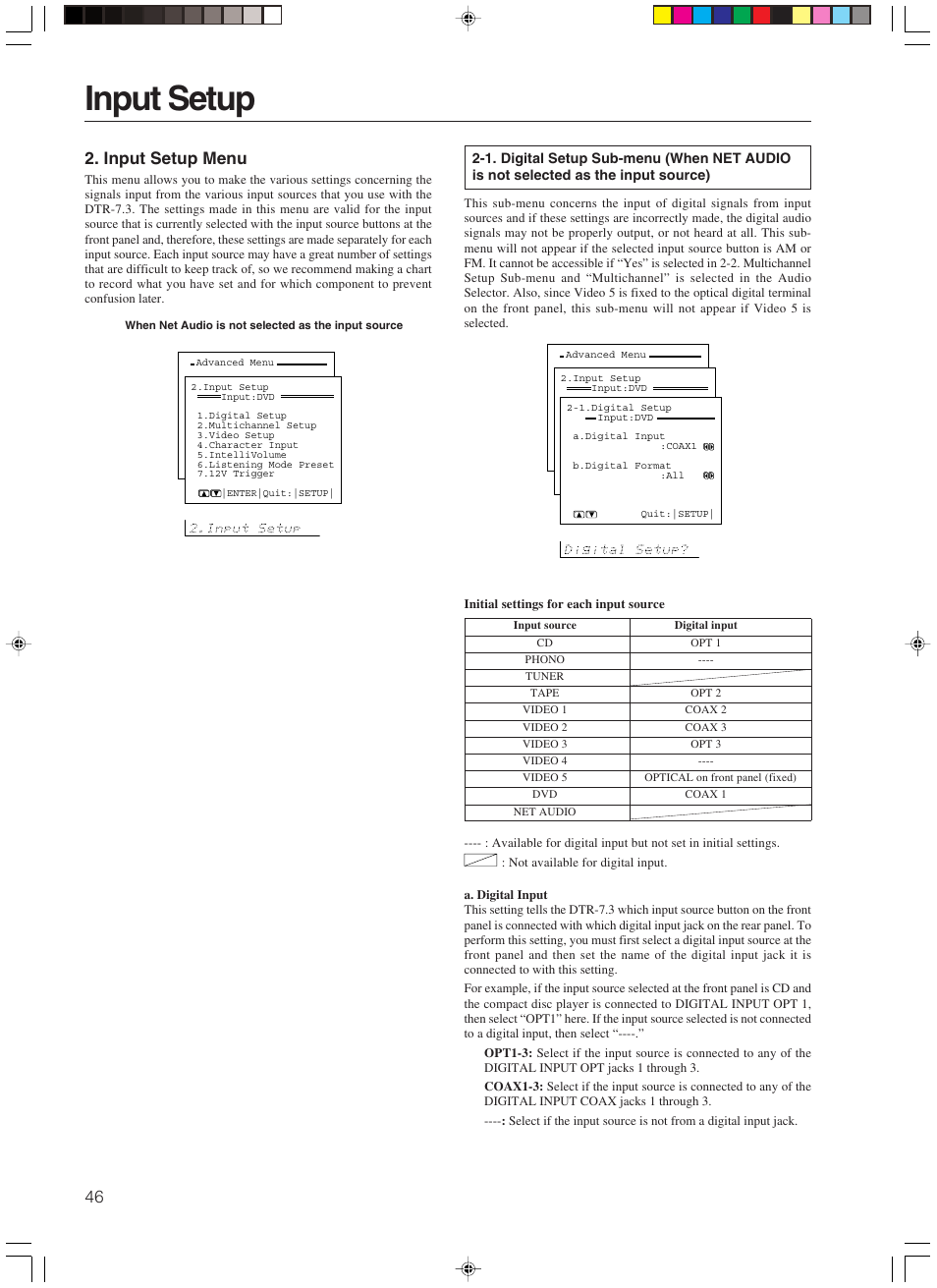 Input setup, Input setup menu | Integra DTR-7.3 User Manual | Page 46 / 84