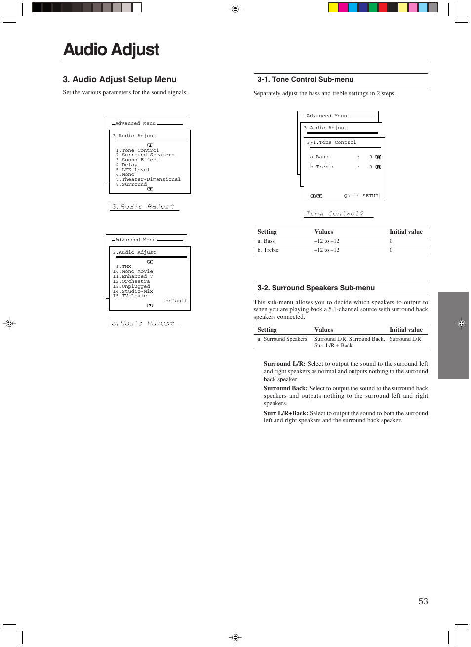 Audio adjust, Audio adjust setup menu | Integra DTR-7.3 User Manual | Page 53 / 84